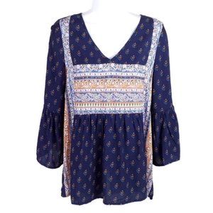 Entro Navy Floral Block Print 3/4 Length Bell Sleeve Peasant Blouse Womens Large